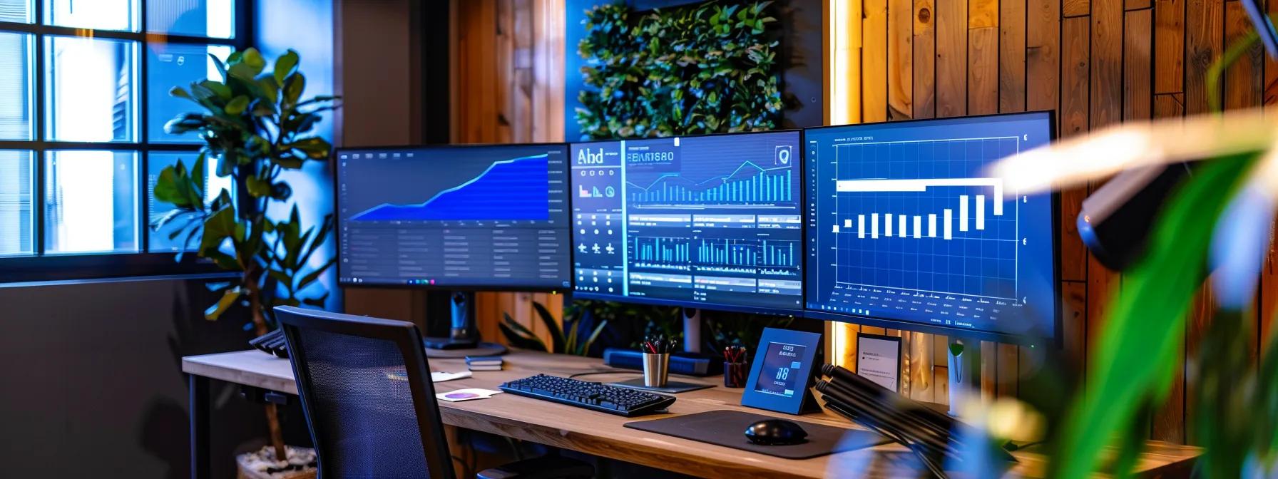 a sleek, modern office interior features dual computer screens displaying contrasting analytical dashboards from semrush and ahrefs, highlighting core backlink metrics in vibrant, engaging graphs, surrounded by a minimalist design and soft artificial lighting to emphasise the high-tech atmosphere.