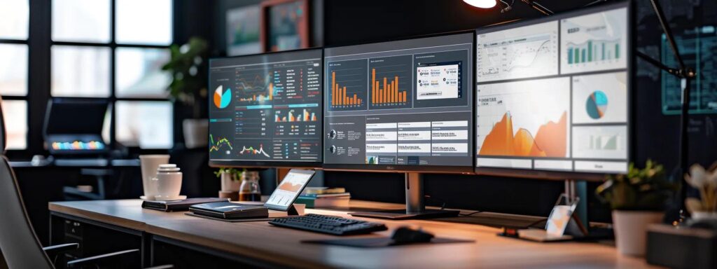 a sleek, modern office workspace showcases multiple computer screens displaying a detailed infographic comparing seo tool pricing, with vibrant graphs and charts contrasting the offerings against key competitors, illuminated by bright, artificial lighting.