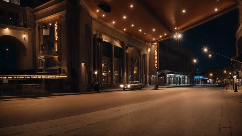 a spotlight illuminates the majestic entrance of a grand theatre on a bustling street in saskatoon, under the starry night sky.