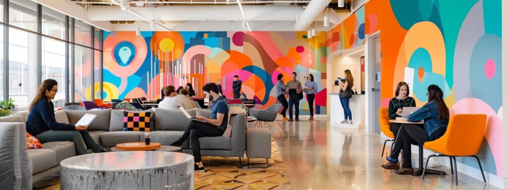 a vibrant, modern office space buzzes with creativity, showcasing diverse individuals collaboratively brainstorming over digital tablets, surrounded by dynamic wall art that highlights the intersection of technology and art, embodying the transformative impact of ai on creative processes.