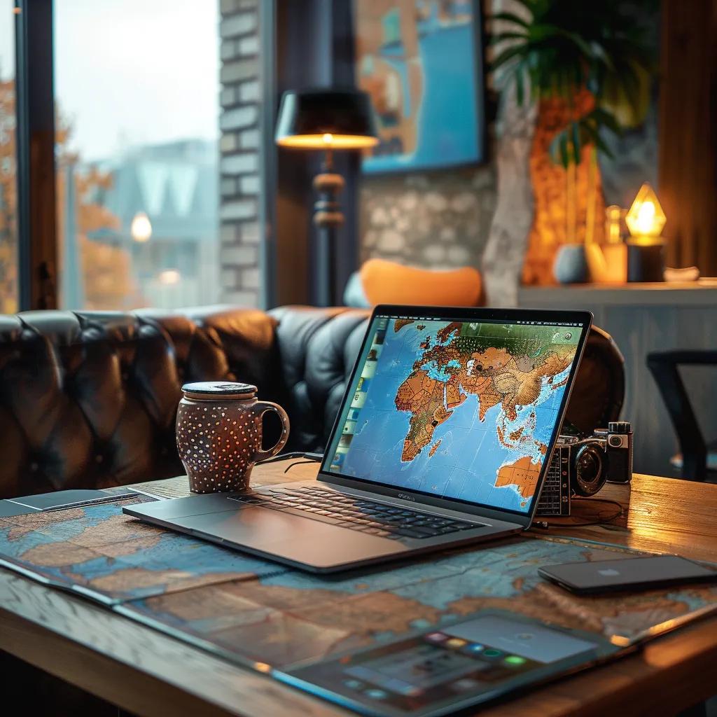 a sleek laptop sits open on a minimalist coworking space table, surrounded by a vibrant travel map, high-tech gadgets, and a stylish coffee cup, capturing the essence of a modern digital nomad lifestyle.