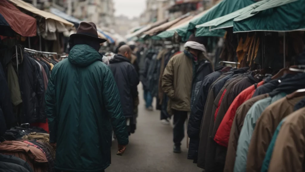a man roams through a bustling outdoor clothing market, eyeing an array of coats and jackets.