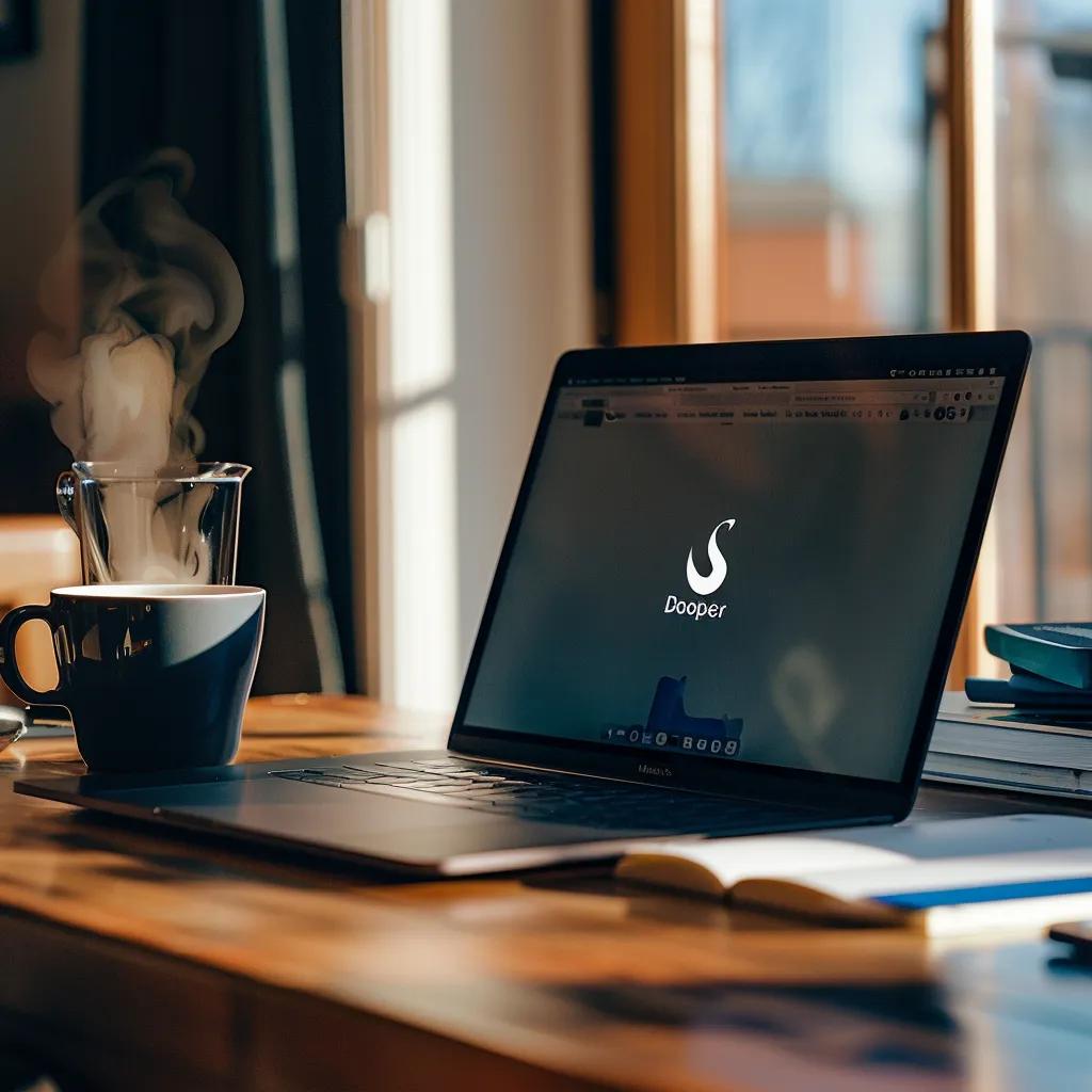 Modern workspace with Docker logo on laptop, coffee cup, and notepads