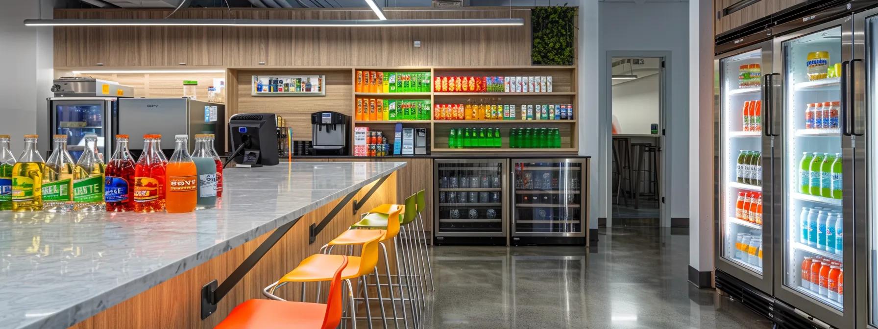 a modern, sleek office break room featuring a vibrant selection of colorful, healthy drink options alongside eye-catching soft drink cans, illustrating the balance between enjoyment and mindful consumption.