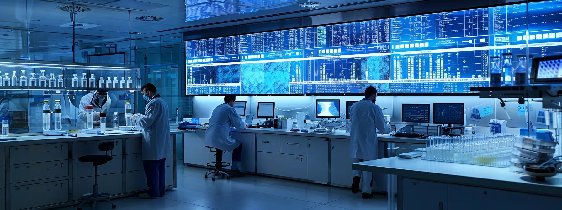a stark, modern laboratory setting features researchers intensely analyzing liver enzyme samples displayed against sleek digital screens, illuminating graphs that reveal the alarming correlation between high coca cola consumption and liver health deterioration.