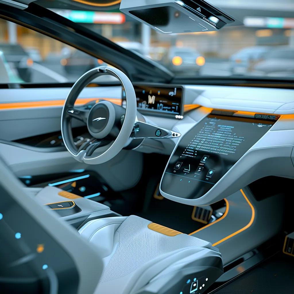 Futuristic car interior featuring advanced AI dashboard, sleek steering wheel, and interactive display, illustrating modern automotive technology and connectivity.