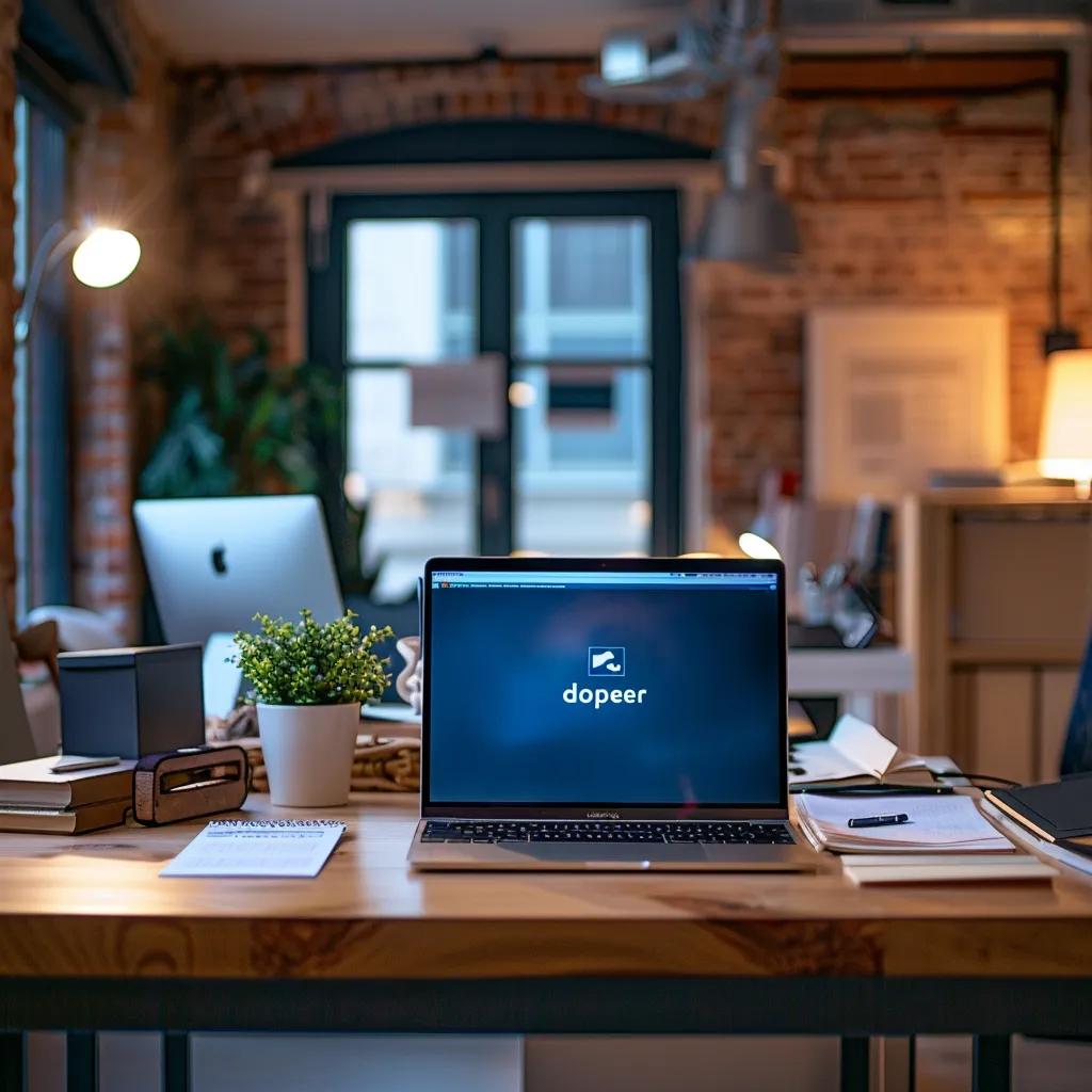 Modern workspace with a laptop showing Docker logo, coffee cup, and notepads