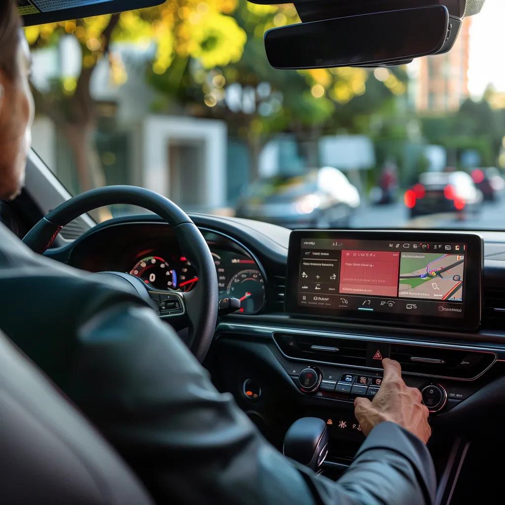 سائق داخل سيارة حديثة يستخدم نظام المعلومات والترفيه للتحكم في الملاحة والإعدادات، مع التركيز على شاشة عرض تعرض خريطة وميزات متقدمة للقيادة الذكية.