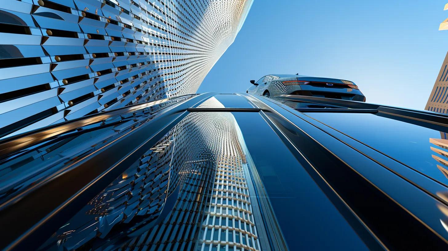 a close-up view of a sleek metal roof with reflective coatings, set against a clear blue sky, showcasing its durability and heat resistance, alongside a modern car parked in a stylish urban environment designed to withstand las vegas's extreme weather conditions.