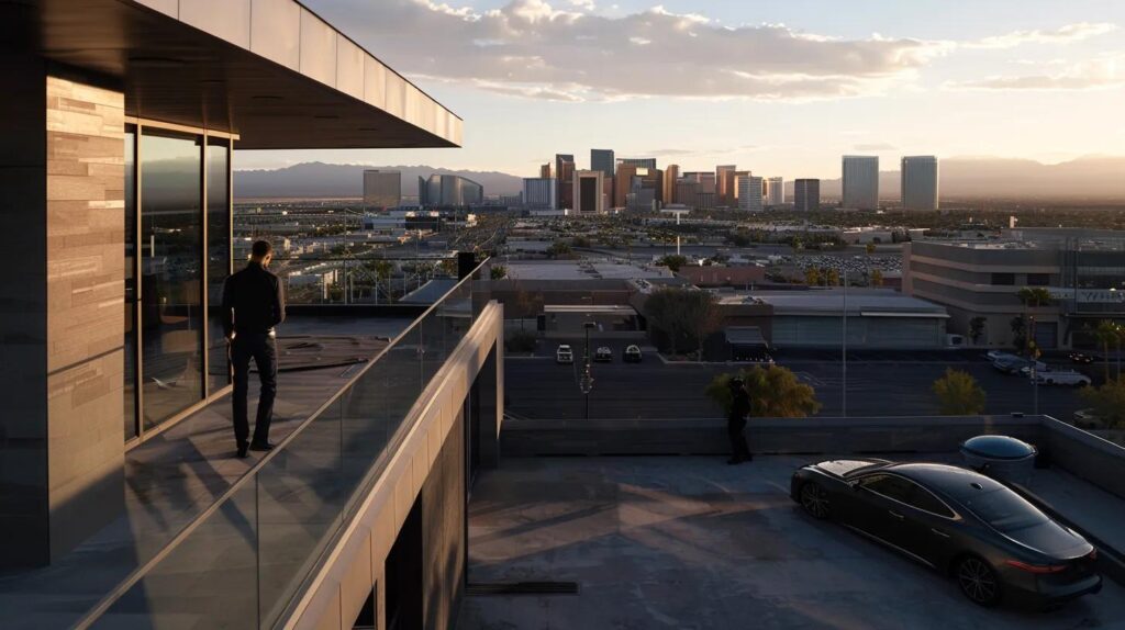 a modern rooftop in a las vegas neighbourhood showcases a maintenance expert inspecting the weathered surface while a sleek car is parked nearby, capturing the essence of urban home upkeep in a sunlit setting.