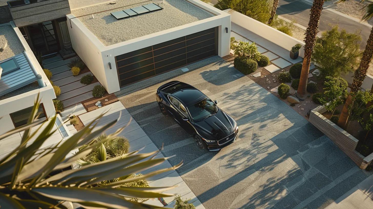 a detailed rooftop inspection is taking place on a modern las vegas home, showcasing a professional examining the roofing materials with a sleek car parked in the driveway under the bright midday sun, highlighting the importance of regular maintenance and care.