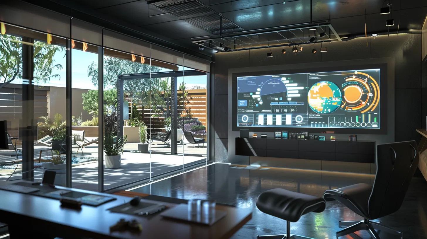 a sleek, modern roofing contractor’s office features a large screen displaying a vivid infographic on roof preparation for extreme las vegas weather, surrounded by tools and materials for inspections and repairs.