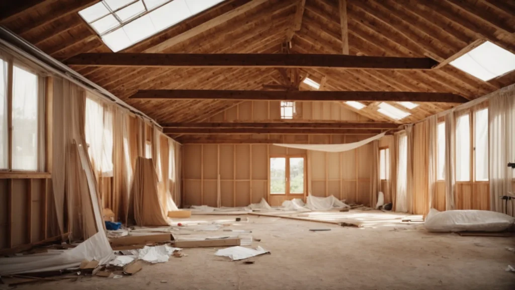 a spacious living room under renovation, with exposed beams and plastic sheeting covering the furniture.