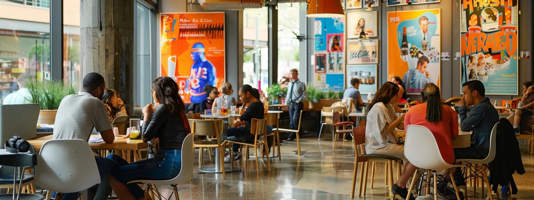 a vibrant urban setting features a modern café with colorful posters promoting liver health awareness, showcasing a diverse group of people engaging in discussions about healthy lifestyle choices while enjoying liver-friendly beverages.