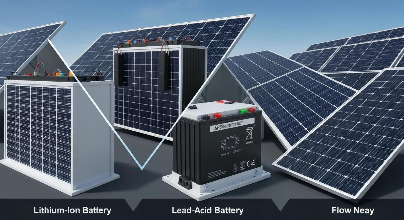 Different types of solar batteries for residential use including lithium-ion, lead-acid, and flow batteries