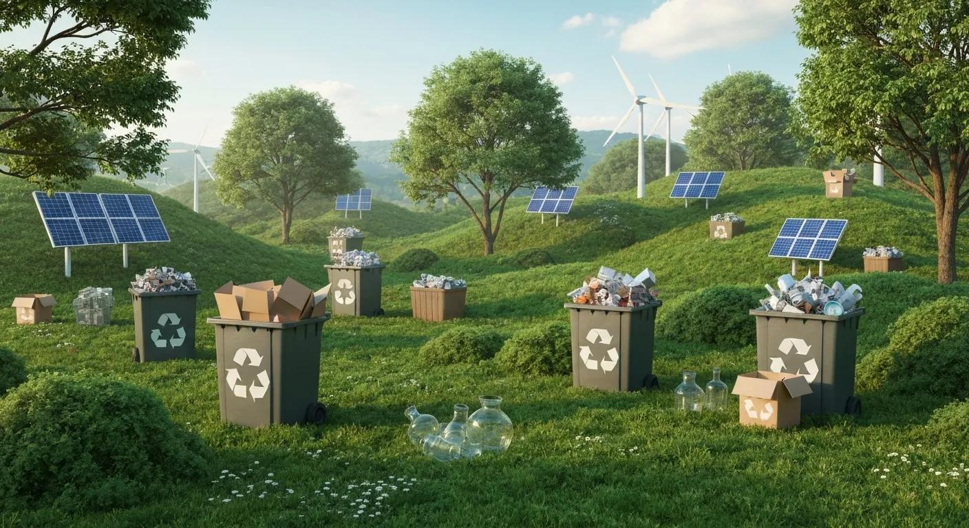 Lush landscape with recycling bins and renewable energy sources, illustrating the environmental benefits of scrap collection
