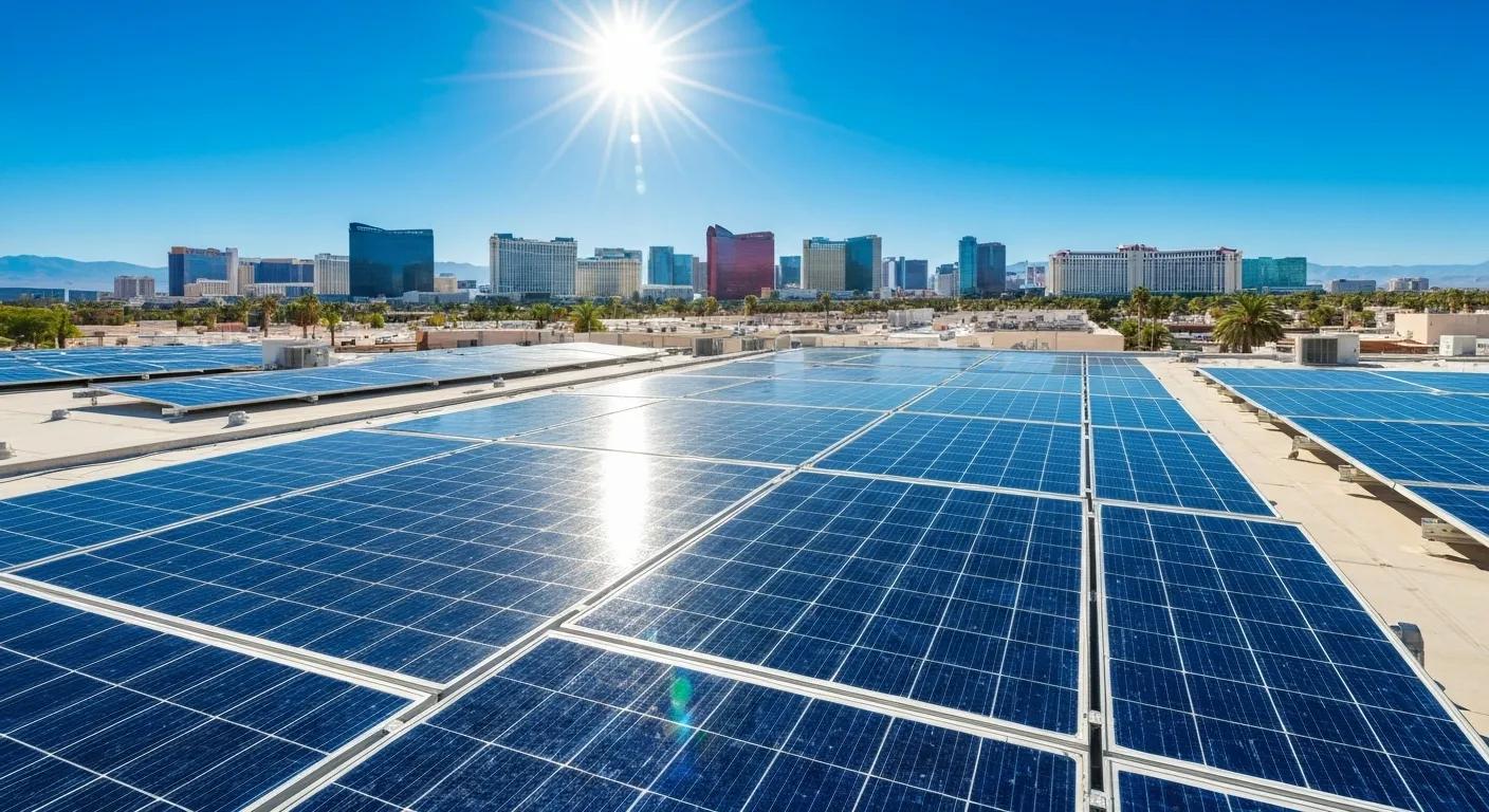 Las Vegas skyline with solar panels on rooftops under bright sunlight