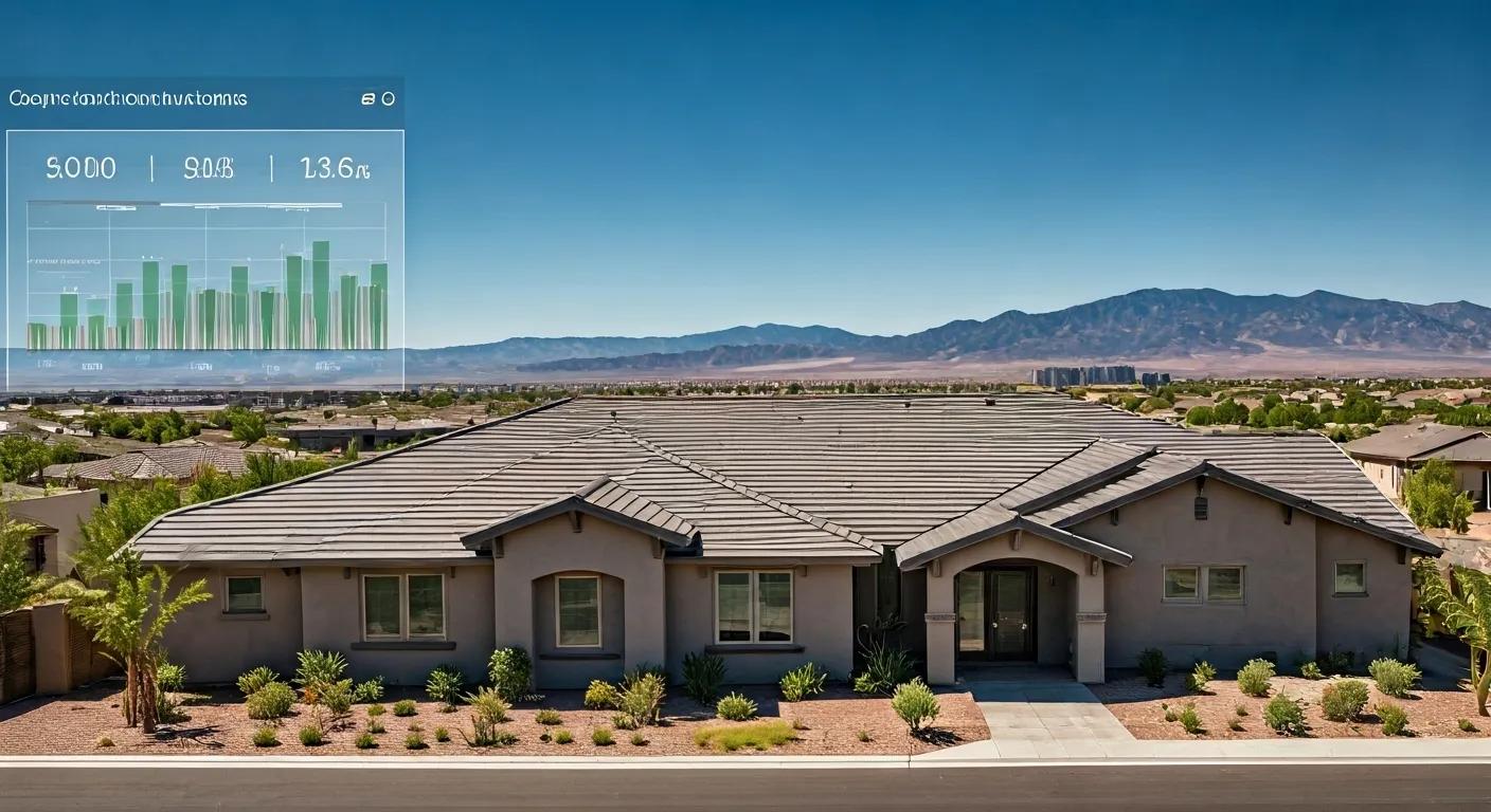 a modern las vegas home is prominently featured with a sleek, energy-efficient roof design, surrounded by an urban landscape with cost analysis charts displayed on a digital screen, highlighting the financial considerations of roofing choices in a vibrant, sun-soaked environment.