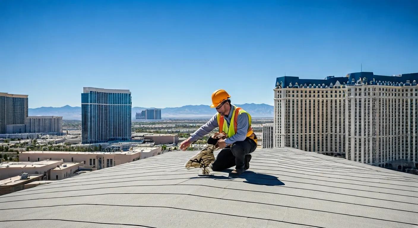 an urban rooftop in las vegas, showcasing a skilled technician inspecting a durable roof under the bright sun, with the iconic skyline in the background, emphasizing the importance of regular maintenance and repairs in harsh conditions.