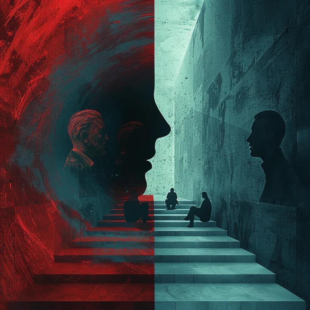 Split scene depicting ethical dilemmas of teleportation with individuals discussing identity