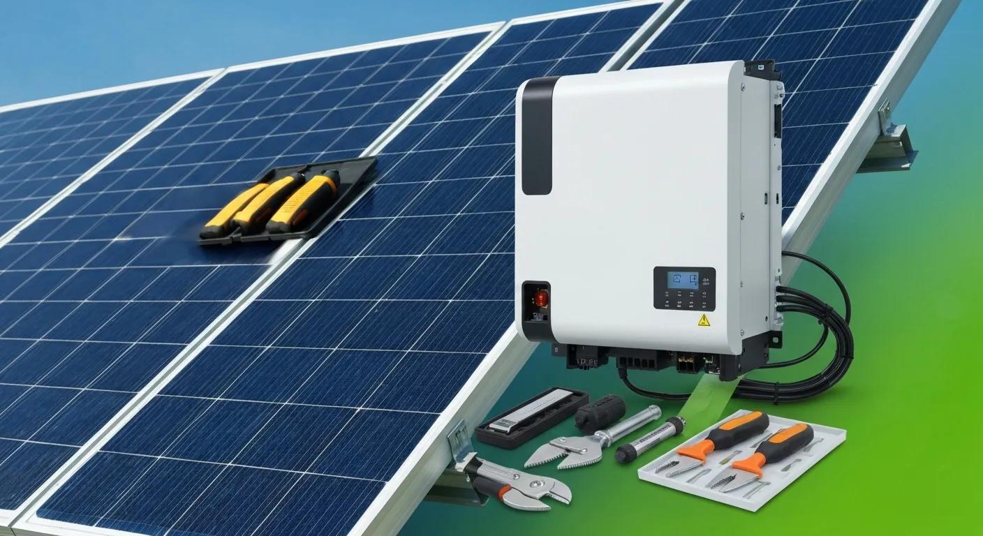 Components of a solar panel system including panels, inverters, and installation tools, highlighting cost factors