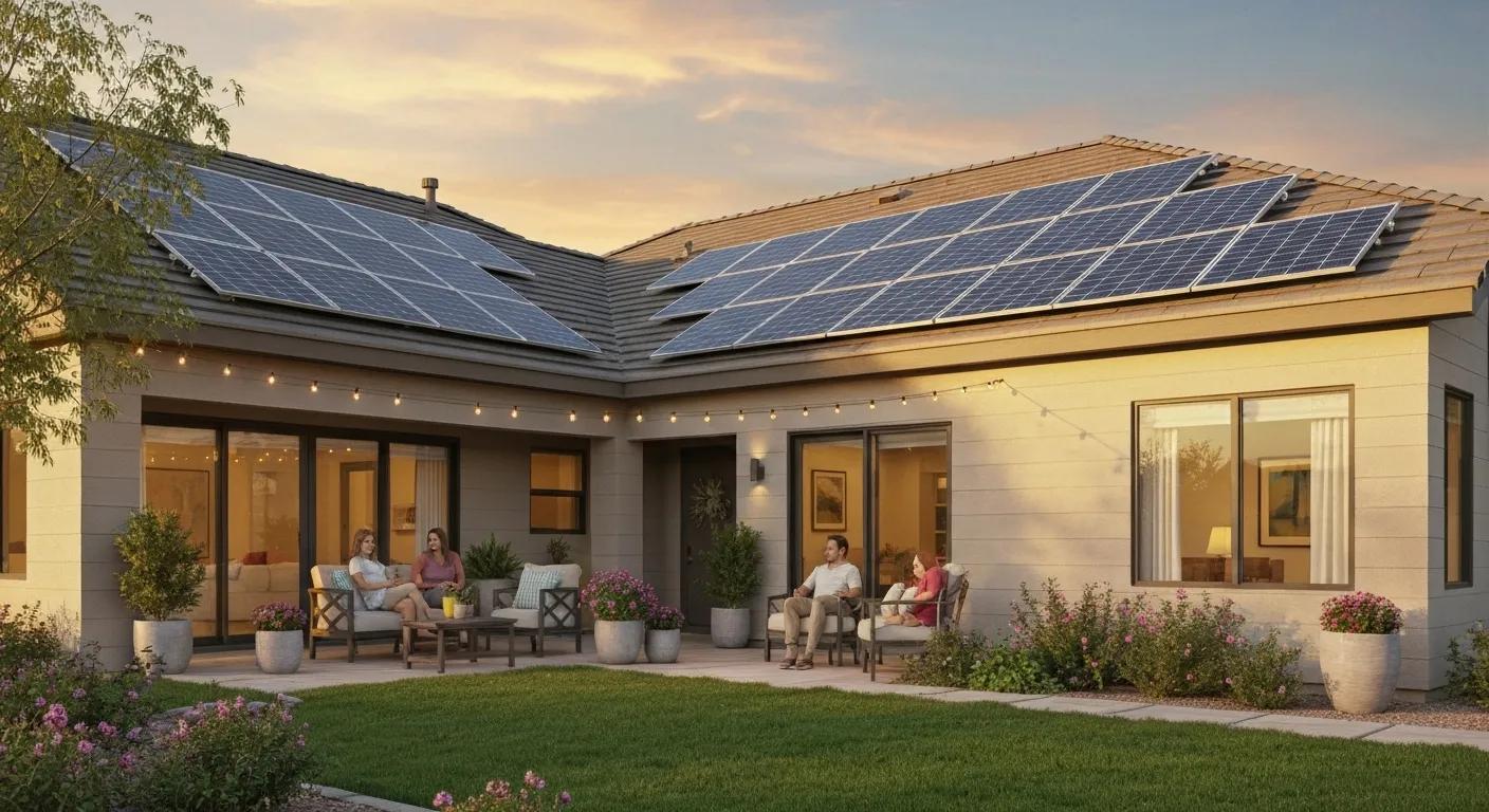 Family enjoying their home with solar panels on the roof in Las Vegas
