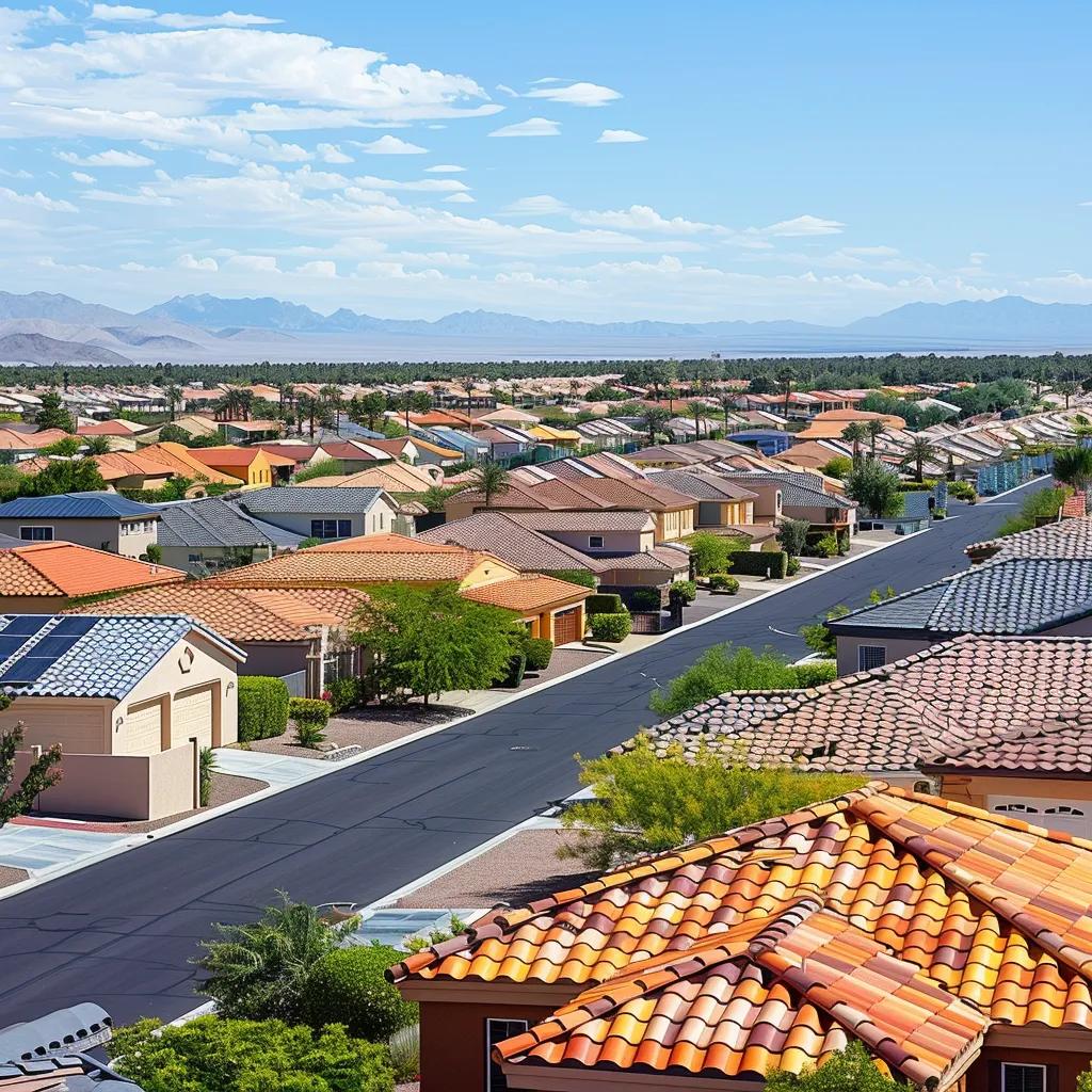 Las Vegas neighborhood with asphalt and metal roofing under bright sun
