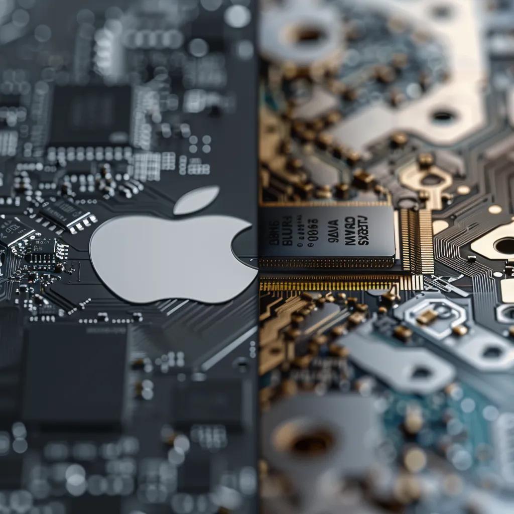 Close-up comparison of MacBook and Windows laptop internals highlighting processors