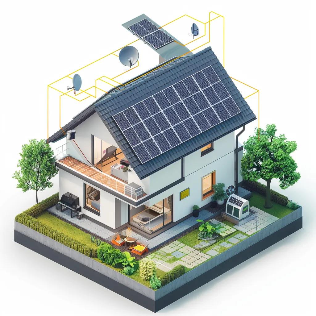 Residential solar system layout with panels, battery storage, and a home, illustrating factors for determining kW size