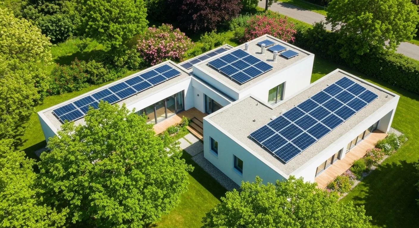 Modern house with solar panels in a sunny landscape, representing sustainable energy solutions