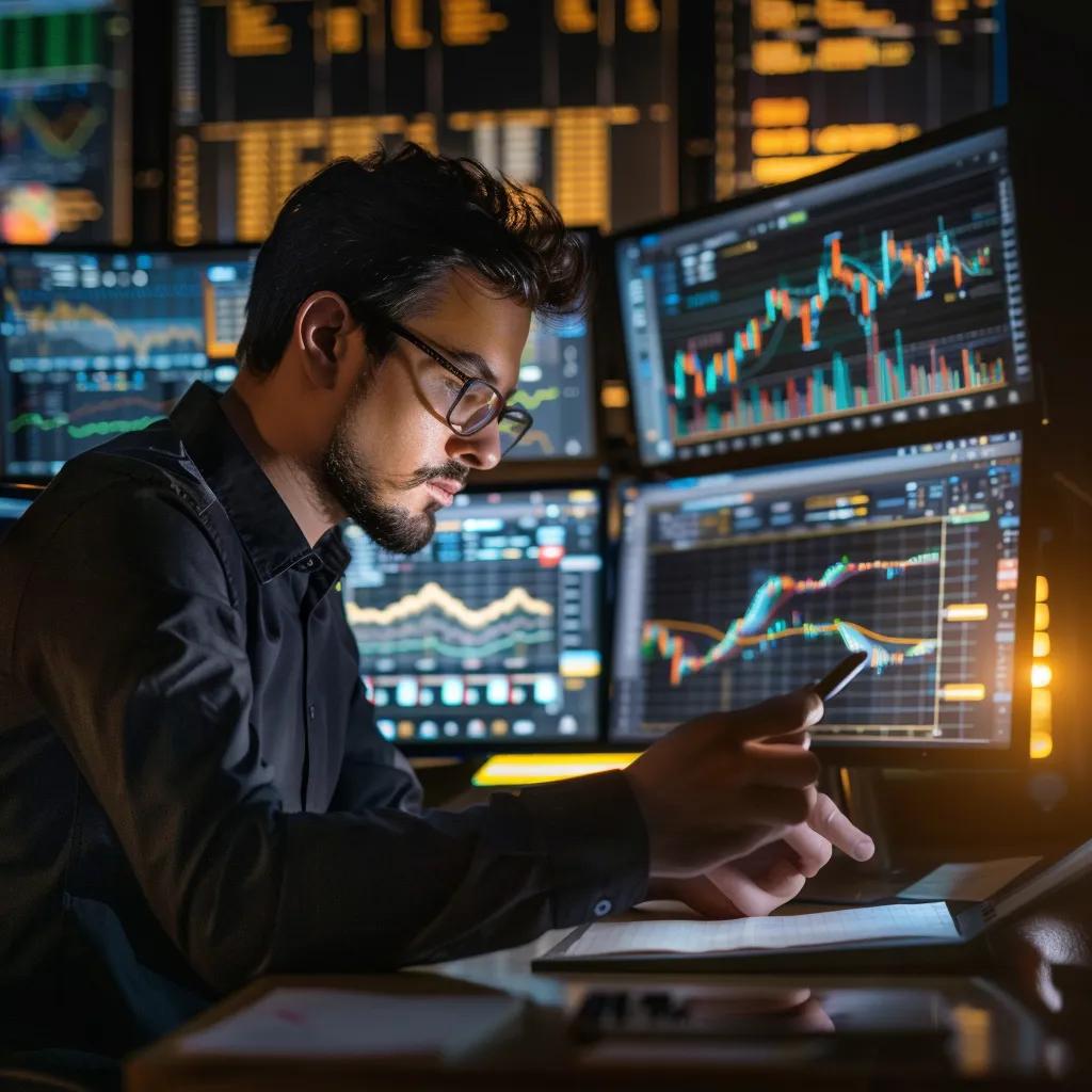 Person analyzing fluctuating cryptocurrency prices on a digital screen