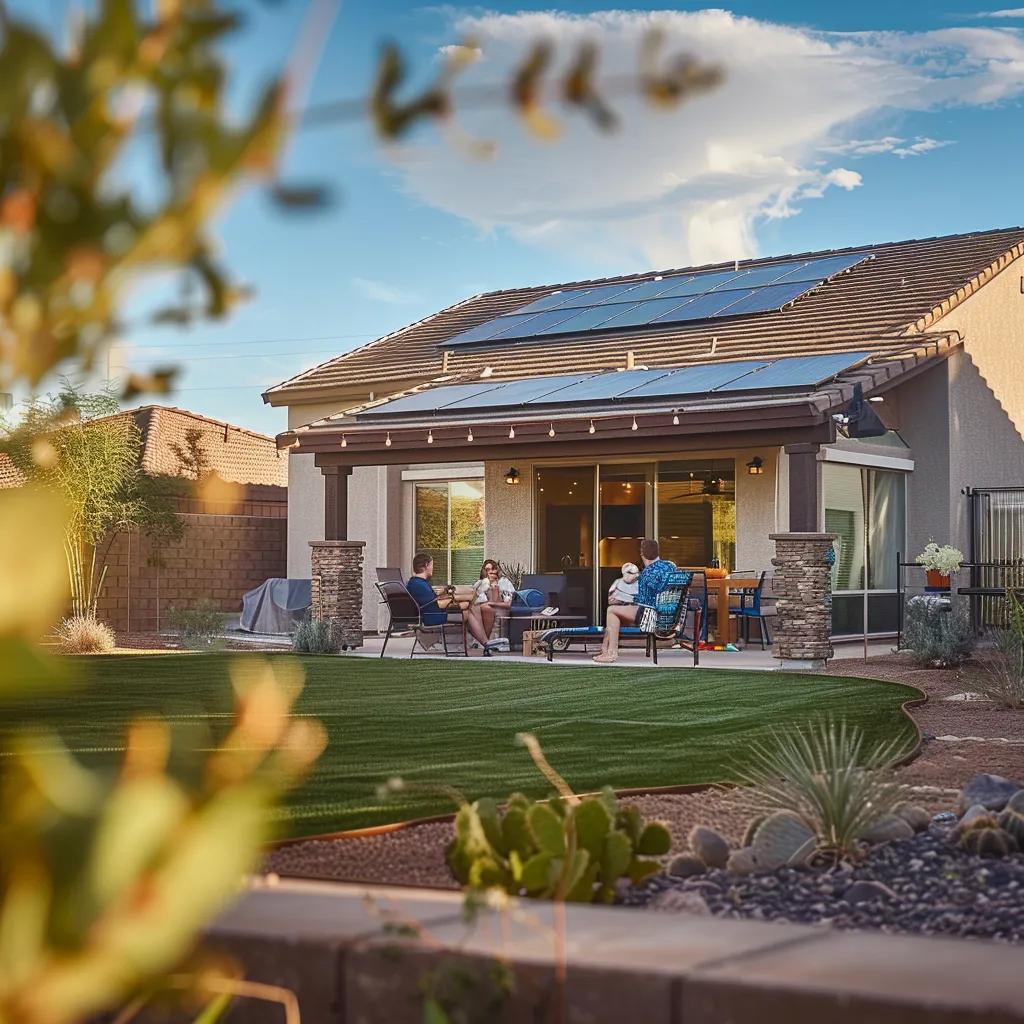 Family enjoying their home with solar panels on the roof in Las Vegas