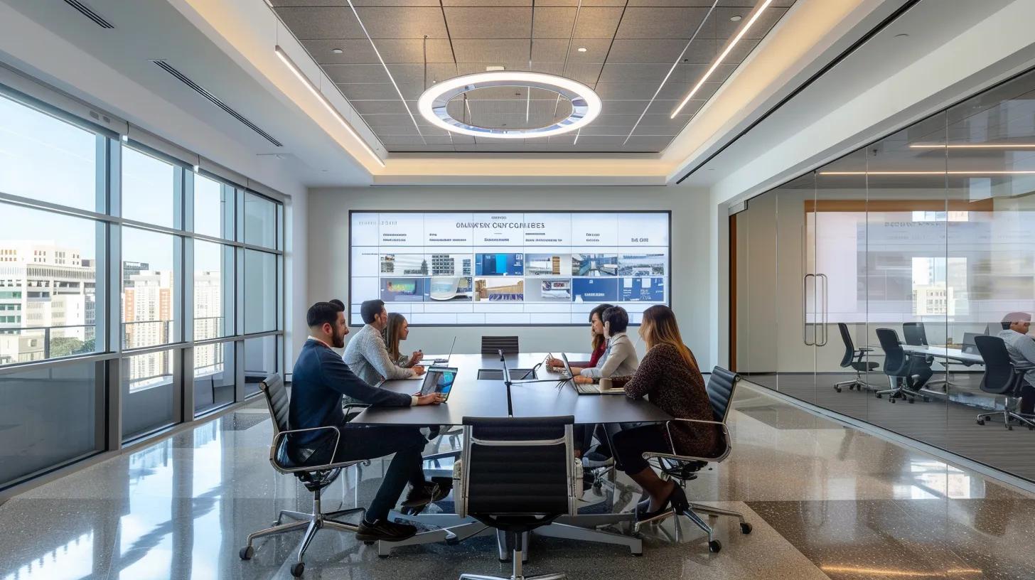 a sleek, modern office meeting room features an engaged team discussing innovative energy-efficient roofing solutions, highlighted by a digital presentation on a large screen showcasing metal and tile roof benefits in a vibrant urban setting.
