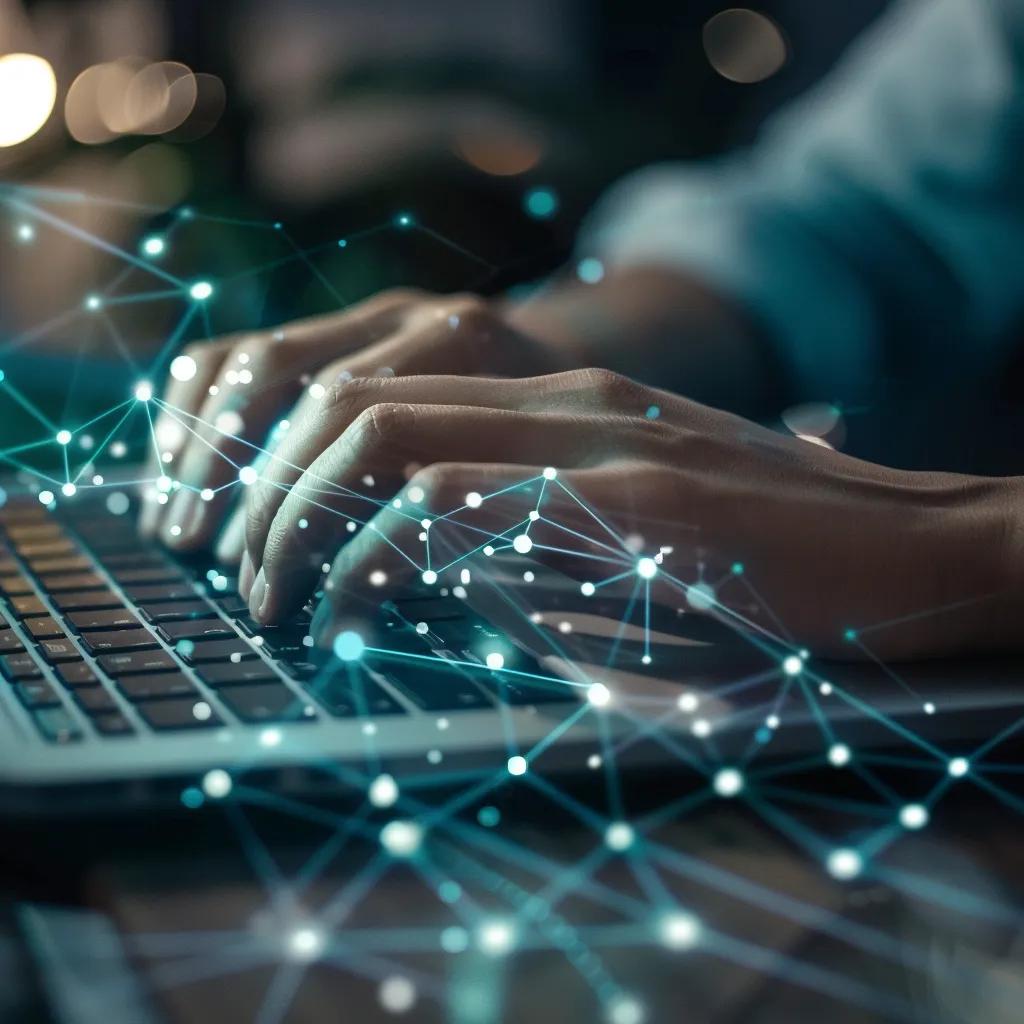 Close-up of hands typing on a laptop with digital blockchain graphics in the background