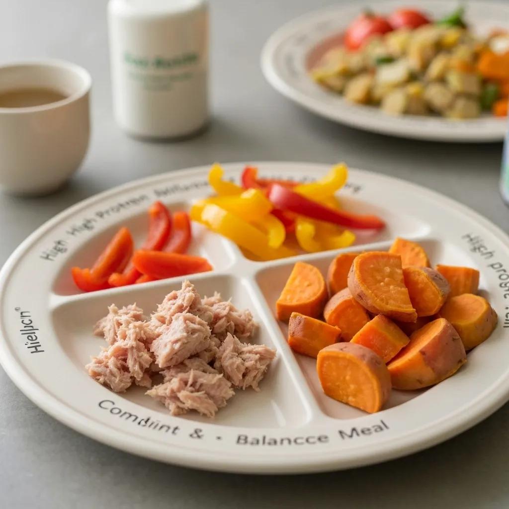 Balanced meal plate with high-protein foods, representing calorie deficit for body recomposition