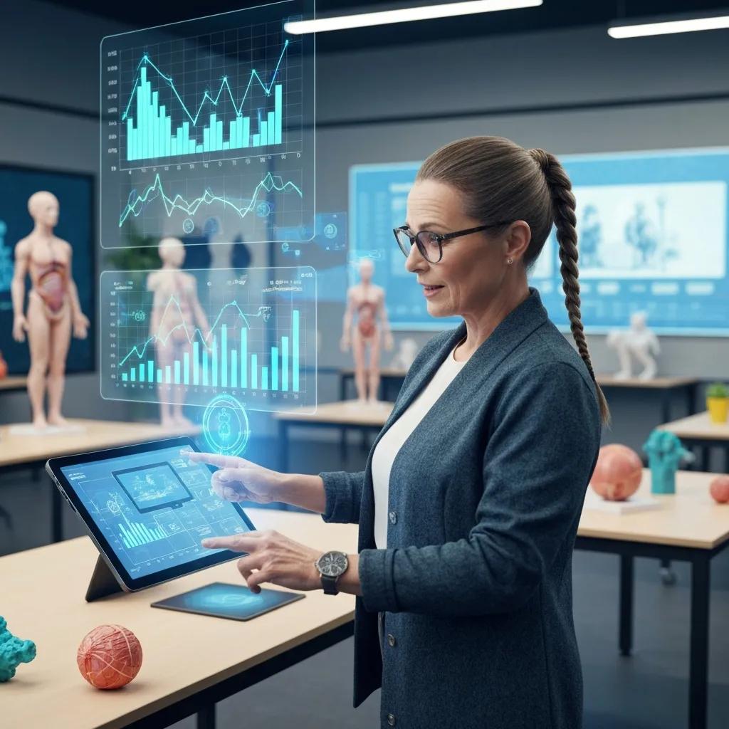 Teacher using an AI-powered assessment tool on a digital device, surrounded by educational technology elements